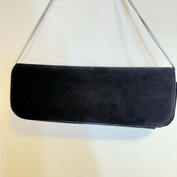 Black Velvet Slim Shoulder Bag | Y2K 90s Minimalist Clutch | Silver Chain Strap - Picture 2 of 5